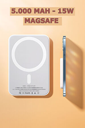 Taşınabilir 5000 mAh PD15W MagSafe Kablosuz Wireless Hızlı Şarj Cihazı Beyaz Powerbank