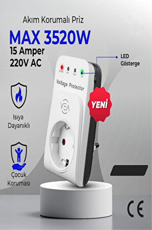 15A 3520W Akım Korumalı Tekli Priz Aşırı Yüksek Gerilim Koruma Dijital Göstergeli