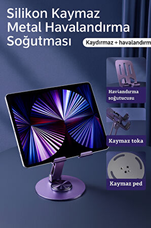 Masaüstü Katlanabilir Tablet Telefon stand Metal 360° Dönebilen Silikon Tabanlı Metal Stand