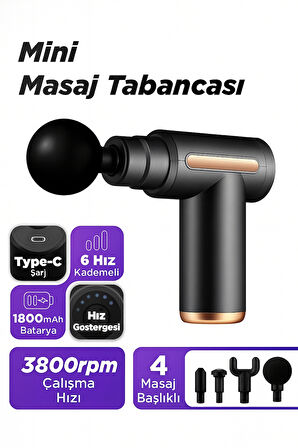 Portatif Taşınabilir Masaj Tabancası 4 Başlıklı 6 Hız Kademeli Güçlü Şarjlı Mini Masaj Aleti