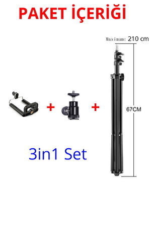 Tripod 2.1 Metre 3in1 360 Döner Başlıklı Telefon Tutucu Ring Light Işık Stüdyo Lamba Ayağı