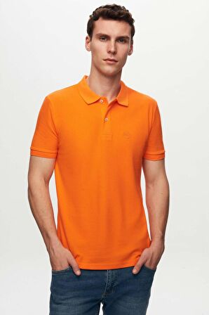 Regular Fit Turuncu Pike Dokulu %100 Pamuk Kıvrılmaz Polo Yaka Nakışlı T-shirt 4HC14ORT51000