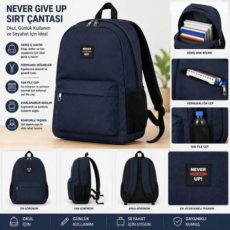 Never Give Up Lacivert Sırt Çantası – Çok Bölmeli Okul, Günlük ve Seyahat Çantası