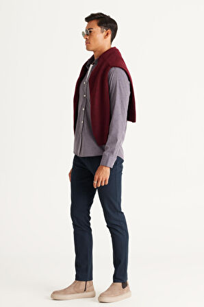 Erkek Gri Slim Fit Dar Kesim Gizli Düğme Yaka Desenli Gömlek