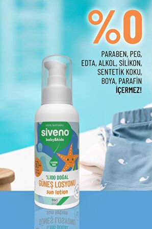Siveno %100 Doğal Çocuk Güneş Losyonu Leke Karşıtı Antioksidan Nemlendirici Bitkisel Vegan UVA UVB SPF 50+ 100 ml