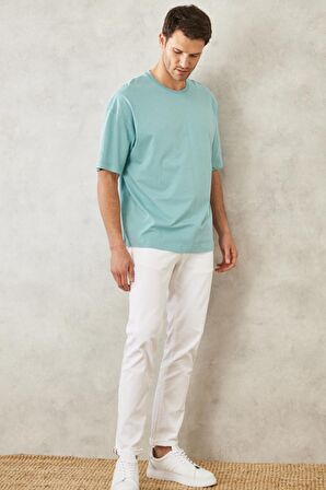 Erkek Petrol Oversize Bol Kesim Bisiklet Yaka %100 Pamuk Tişört