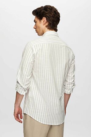 Ds Damat Slim Fit Yeşil Çizgili Düğmeli Yaka %100 Pamuk Flamlı Yazlık Keten Görünümlü Gömlek 0HC02ORT06265 0HC02ORT06265