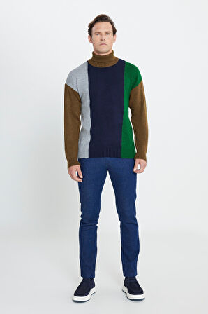 Erkek Haki-Lacivert Oversize Fit Bol Kesim Tam Balıkçı Yaka Triko Kazak