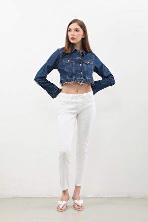 Kadın Püsküllü Crop Jean Ceket