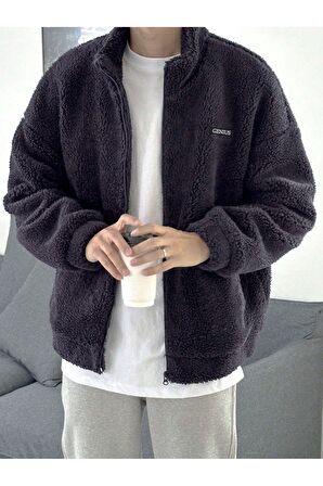 Oversize Tam Fermuarlı Kuzu Sweatshirt İçi Polarlı Sherpa Kumaş Sweatshirt