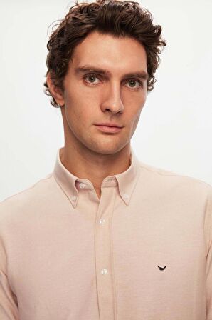 Slim Fit Ekru Oxford Düğmeli Yaka Kolay Ütülenebilir Nakış Detaylı Pamuklu Gömlek 4HC02ORT03265