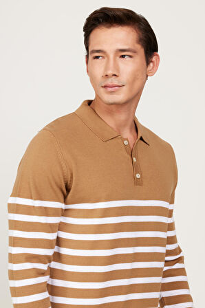 Erkek VIZON-EKRU Standart Fit Normal Kesim Polo Yaka Çizgili Triko Kazak