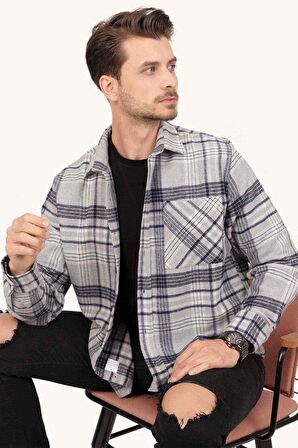 Gri Lacivert Çizgili Oversize Kalın Oduncu Gömlek