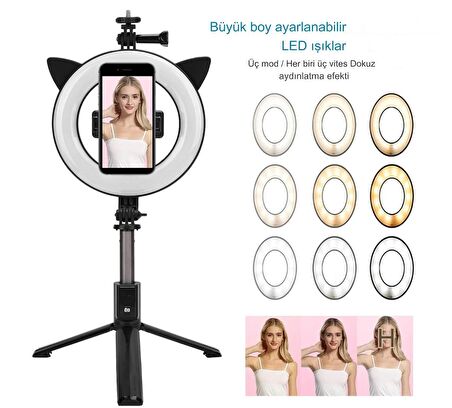 Uzaktan Kumandalı Blutootlu Kablosuz Selfie Çubuğu 9 Farklı Işık Modlu  Halka Işık Tripod    