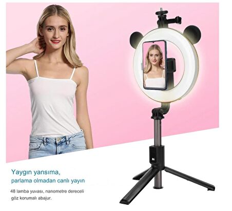 Uzaktan Kumandalı Blutootlu Kablosuz Selfie Çubuğu 9 Farklı Işık Modlu  Halka Işık Tripod    