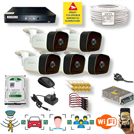 5 Kameralı Set - Araç İnsan Yüz Hareket Algılayan 36 IR Led 5MP Sony Lensli 1080P Metal Kasa Güvenlik Kamerası Seti 5236-1