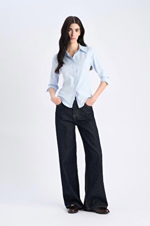 Fitted Basic Düz Bengalin Uzun Kollu Gömlek