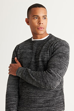 Erkek Siyah-Gri Recycle Standart Fit Normal Kesim Bisiklet Yaka Pirinç Örgü Desenli Triko