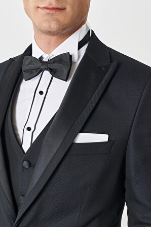 Erkek Lacivert Slim Fit Dar Kesim Kırlangıç Yaka Desenli Yelekli Smokin Takım