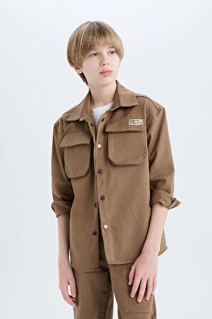 Erkek Çocuk Oversize Geniş Kalıp Polo Yaka Gabardin Uzun Kollu Gömlek