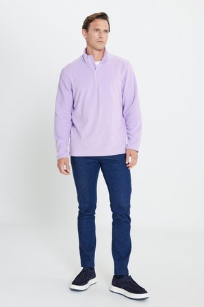 Erkek Lila Anti-Pilling Tüylenme Yapmayan Standart Fit Dik Yaka Polar Sweatshirt