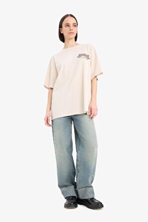 Coool Oversize Geniş Kalıp Bisiklet Yaka Sırt Baskılı Kısa Kollu Tişört