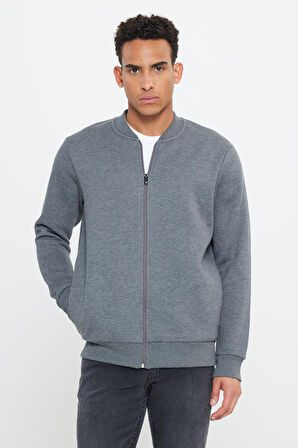 Erkek Antrasit-melanj Standart Fit Normal Kesim Içi Polarlı 3 Iplik Kolej Yaka Pamuklu Sweatshirt