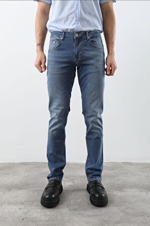 Erkek Likralı Regular Fit Düz Jean Pantolon Mavi