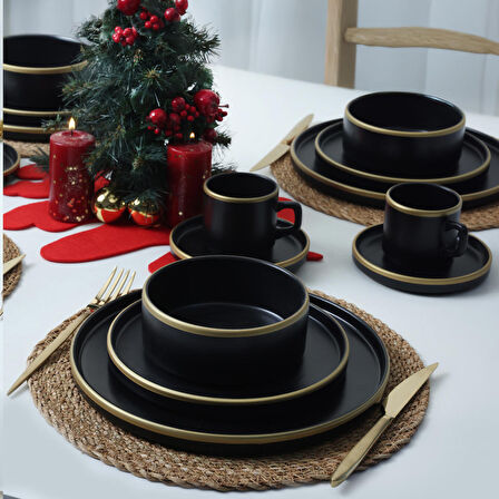 Keramika Mat Siyah Gold Fileli Stackable Yemek / Kahvaltı Takımı 20 Parça 4 Kişilik 