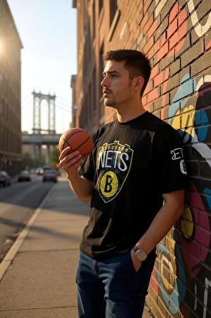 Erkek  Oversize Nets Baskılı Pamuklu T-Shirt