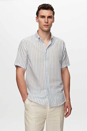 Slim Fit Mavi Gofre Çizgili Kısa Kollu Yazlık Gömlek 8HC02ORT04265