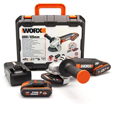 WORX WX800 20Volt 2.0 Ah. Li-ion Çift Akülü 115mm Profesyonel Şarjlı Avuç Taşlama 