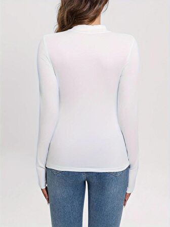 Beyaz Yarım Balıkçı Yaka Bluz Darkalıp İnterlok Penye Kumaş Parmak Detaylı Body