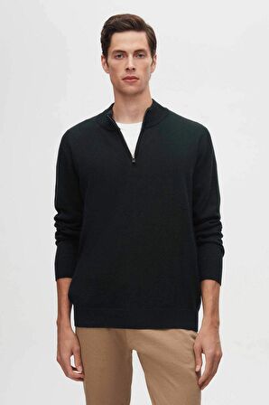 Slim Fit Haki Yarım Fermuarlı Triko Kazak 3HF06ORT00004