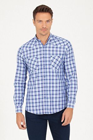 Slim Fit Lacivert Kareli Spor Gömlek | S