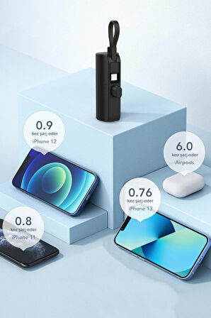 iPhone Lightning Soketli Mini Powerbank 5000mAh Type-C Dahili Kablolu Taşınabilir Şarj Cihazı Siyah