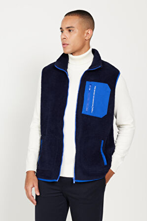 Erkek Lacivert Standart Fit Normal Kesim Dik Yaka Sherpa Polar Yelek