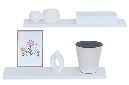 İkili Beyaz Mdf Uçan Duvar Rafı Gizli Bağlantı Duvara Monte Uçan Raf 50 Cm - 60 Cm