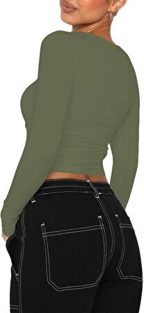 Haki Bisiklet Yaka Bluz Darkalıp Ribana Kumaş Günlük Basic Body