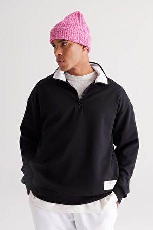 Erkek Siyah Loose Fit Bato Yaka Içi Polarlı 3 Iplik Baskılı Sweatshirt