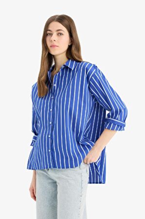 Oversize Geniş Kalıp Çizgili Poplin Uzun Kollu Gömlek