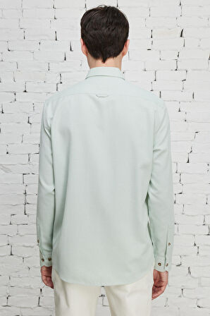 Erkek Yeşil Slim Fit Dar Kesim Düğmeli Yaka Pamuklu Armürlü Gömlek