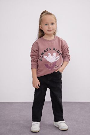 Kız Bebek Regular Fit Bisiklet Yaka Çiçekli Sweatshirt Kumaşı Sweatshirt