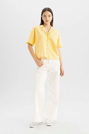 DeFacto Coool Oversize Geniş Kalıp Pijama Yaka Flamlı Pamuk Kısa Kollu Gömlek C0743AX24SMYL170