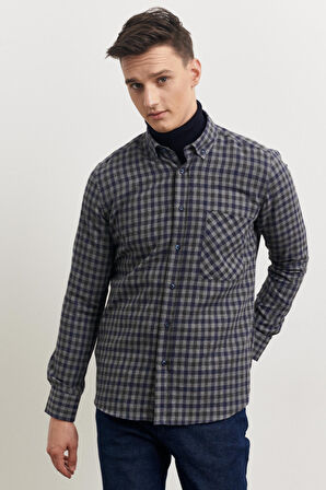 Erkek Gri-lacivert Slim Fit Dar Kesim Düğmeli Yaka Pötikareli Oduncu Gömlek