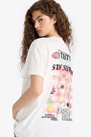 Oversize Geniş Kalıp Bisiklet Yaka Baskılı Kısa Kollu Tişört