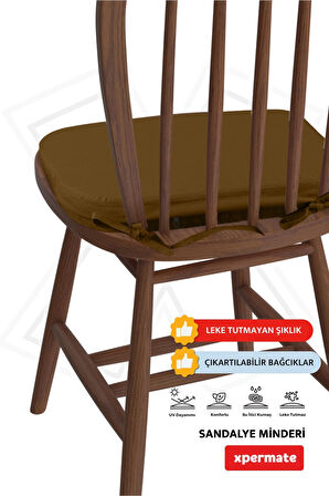 XPERMATE StandartFit Oval Sandalye Minderi Fermuarlı Yıkanabilir Kılıf Bağcıklı Su ve Yağ İtici 42x42x5 Kahverengi