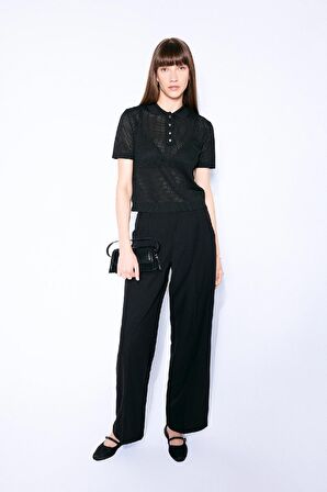 DeFacto Regular Fit Ajurlu Polo Yaka Kısa Kollu Siyah Triko Kazak D4161AX24AUBK27