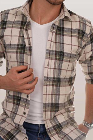 Krem Yeşil Desenli Oduncu Gömlek