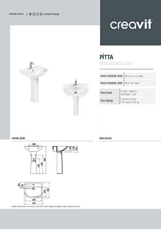 Creavit Pitta 45x55 cm Batarya Delikli Duvara Monte Lavabo PA055 + Pitta Tam Ayak PA250 CRV.SET0000.001